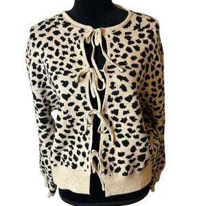 Sunday Edition Leopard Print Tie Front Cardigan Size L Coquette Bow Knit